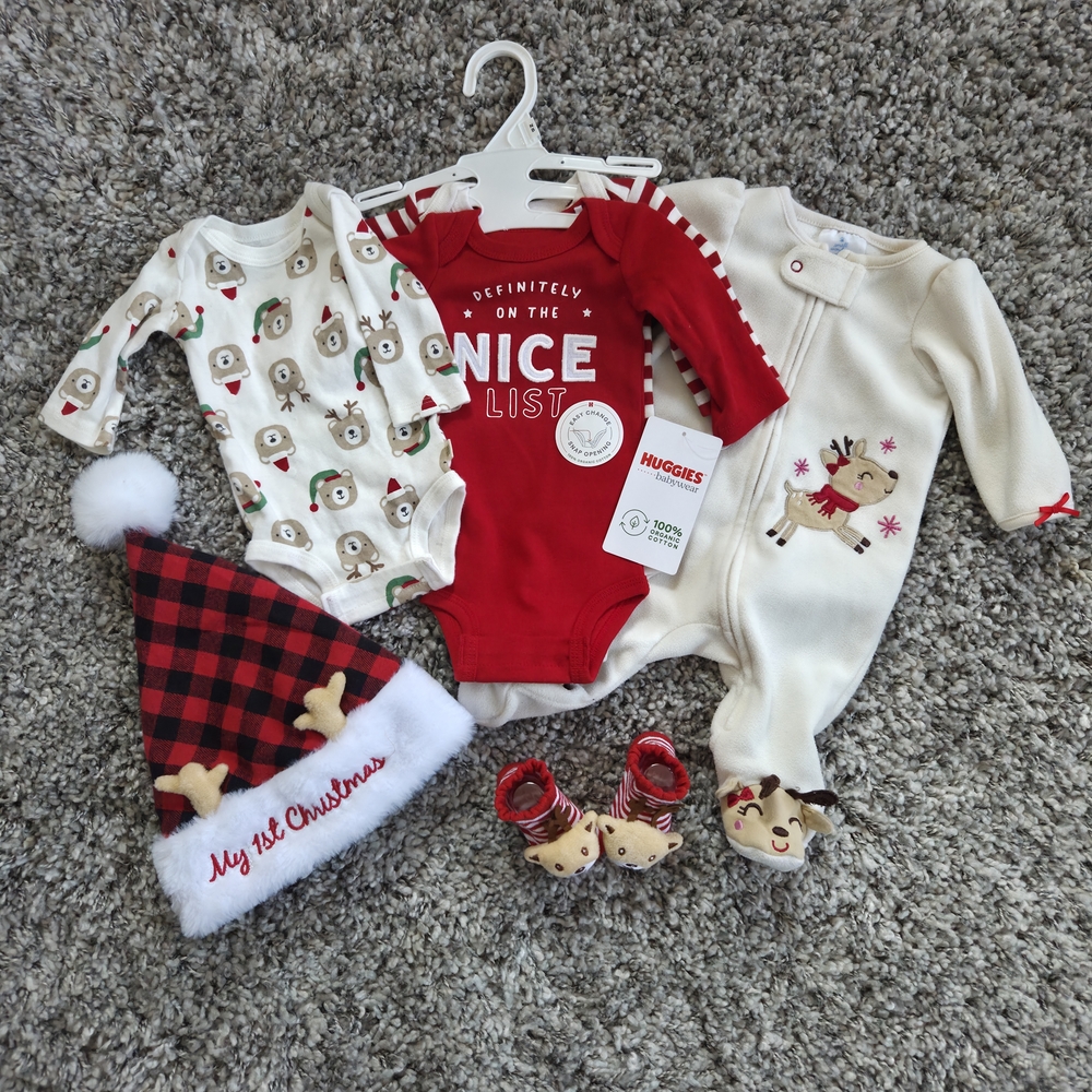 Holiday 1st Christmas Outfit Bundle Reindeer Bodysuit Set - Red and Cream